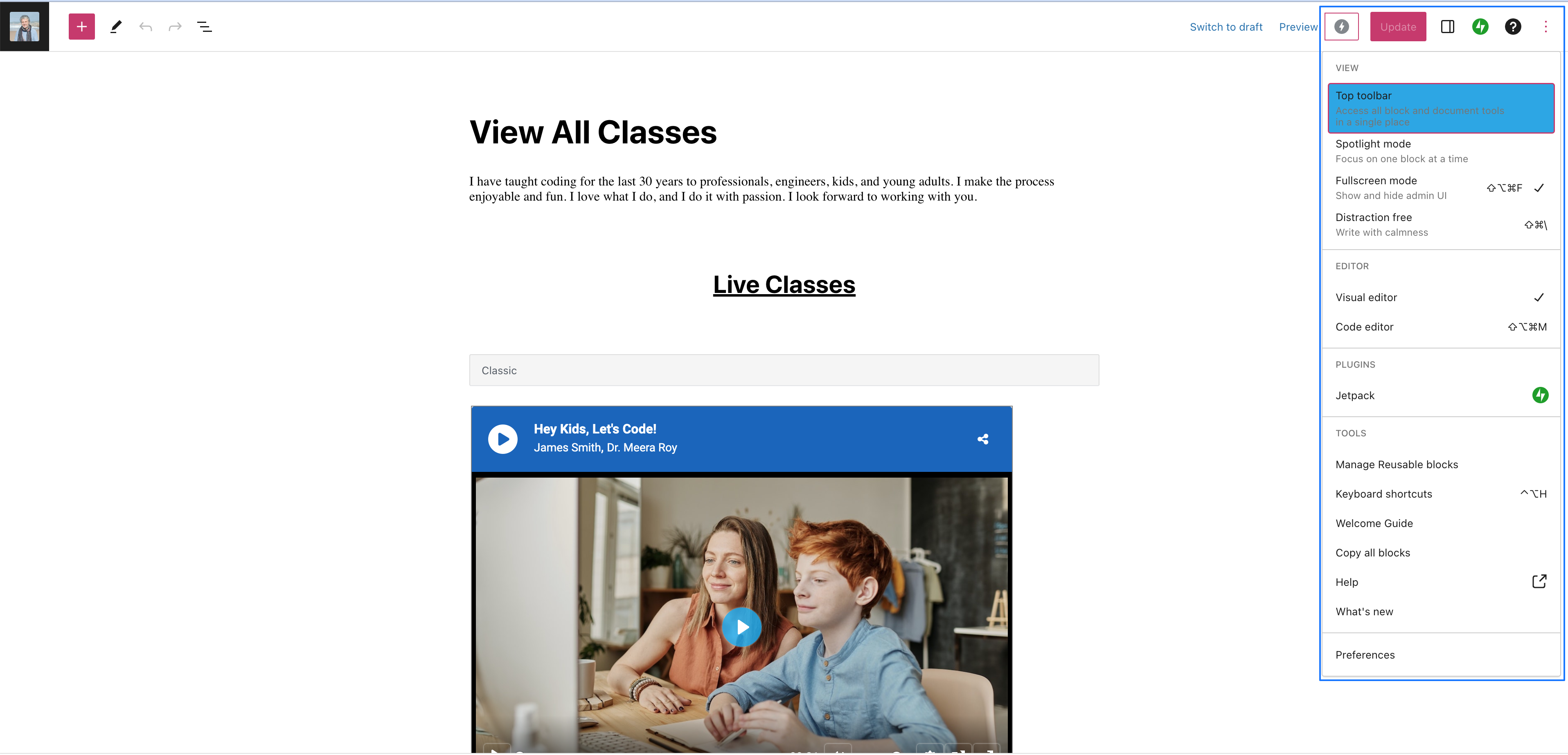 4-EmbedClassInWordPressWebsite.png